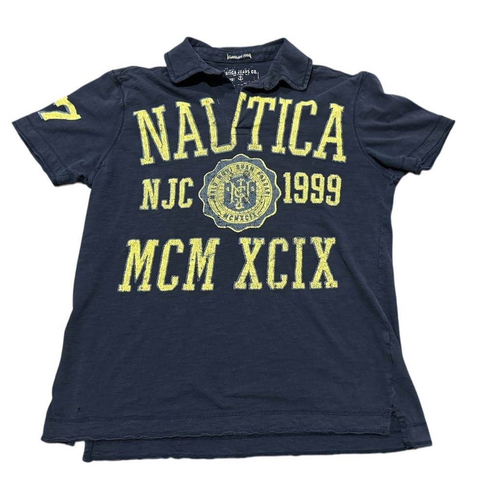 Nautica Vintage Short Sleeve Polo Tshirt Navy Blue Large graphic Size Large